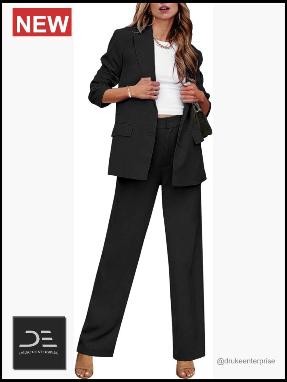 2 Piece Pantsuit Set - Long Blazer & Wide Leg Pants - Business Casual Office